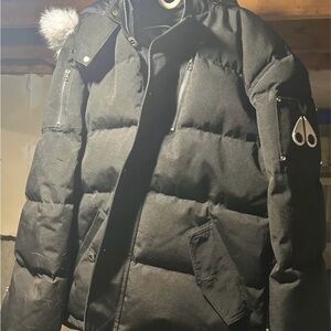 Moose Knuckles Black Puffer Jacket with Fur Trim